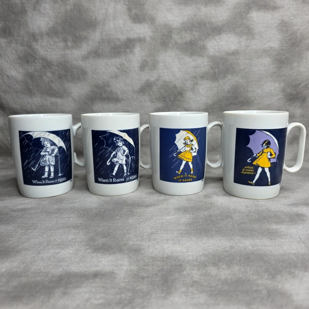 (X4) Morton Salt Ceramic Coffee Mugs Umbrella Girl 1914-1968 Eras Vintage